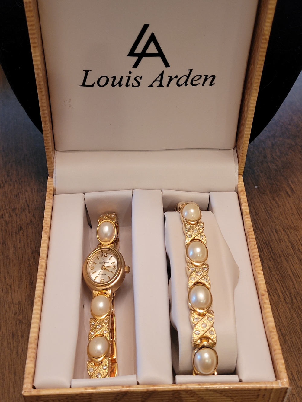 Vintage Louis Arden Paris Watch & Matching Bracelet Set Faux Pearl Rhinestone